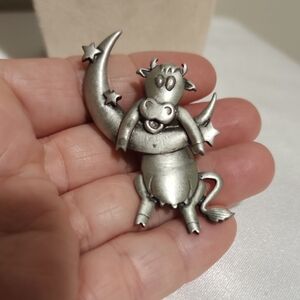 Pewter Cow and Moon Brooch With Movement Super Fun Piece Marked JJ